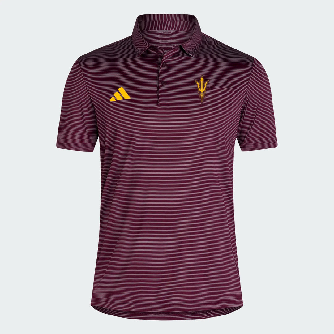 A short-sleeve polo shirt in a dark maroon color with thin horizontal gray stripes, featuring a yellow Adidas logo on the right chest and a yellow trident logo on the left chest, displayed on a light gray background.