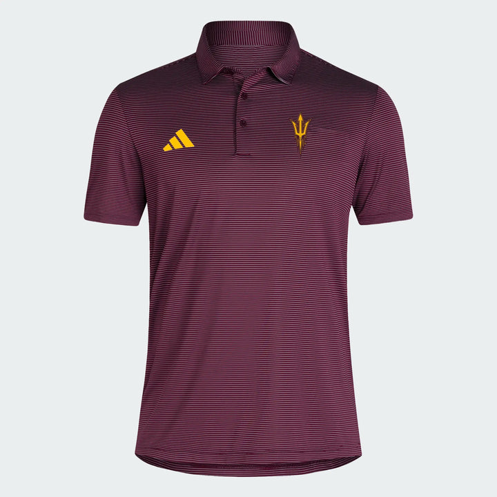 A short-sleeve polo shirt in a dark maroon color with thin horizontal gray stripes, featuring a yellow Adidas logo on the right chest and a yellow trident logo on the left chest, displayed on a light gray background.