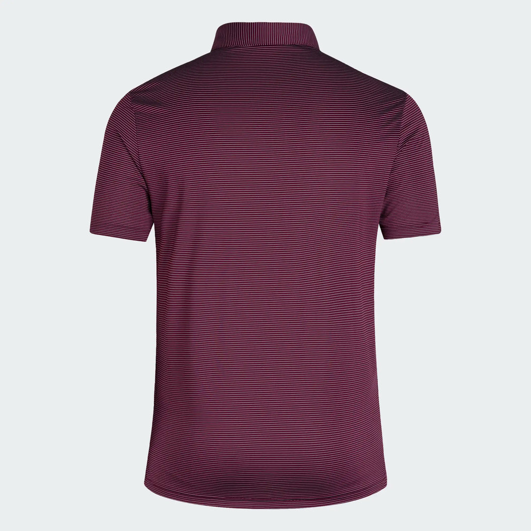 A short-sleeve polo shirt shown from the back, featuring a subtle horizontal striped pattern in dark burgundy and black, set against a light gray background.