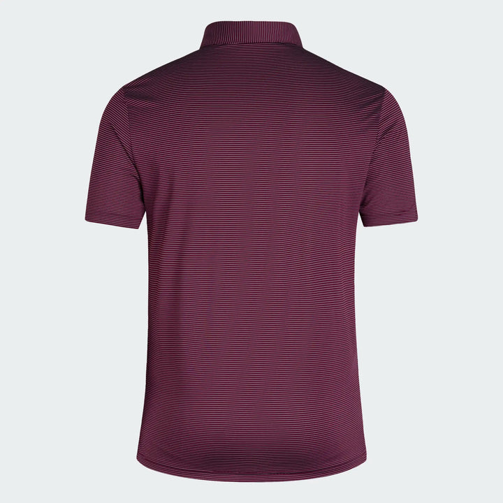 A short-sleeve polo shirt shown from the back, featuring a subtle horizontal striped pattern in dark burgundy and black, set against a light gray background.
