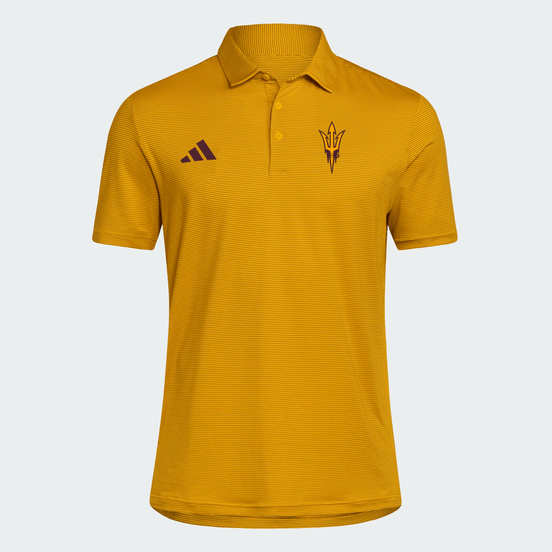 A gold Adidas polo shirt with the Arizona Sun Devils logo on the left chest, displayed on a light gray background.