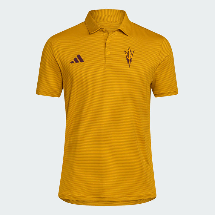 A gold Adidas polo shirt with the Arizona Sun Devils logo on the left chest, displayed on a light gray background.