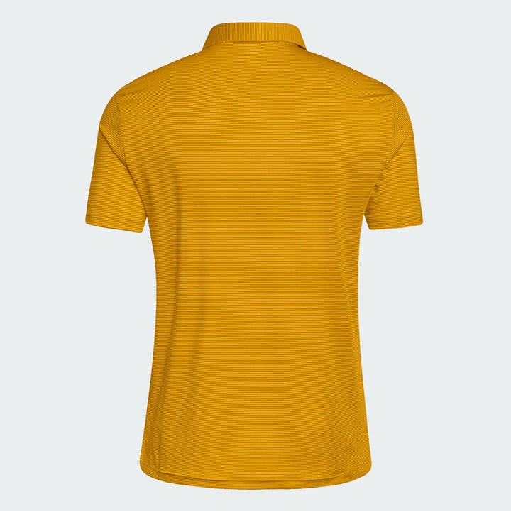 A short-sleeve polo shirt shown from the back, featuring a textured horizontal stripe pattern in a golden yellow color, set against a light gray background.
