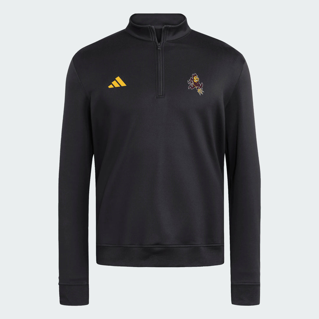 A black Adidas quarter-zip pullover sweatshirt with a yellow logo on the right chest and a small multicolor bird crest on the left chest, displayed on a light gray background.