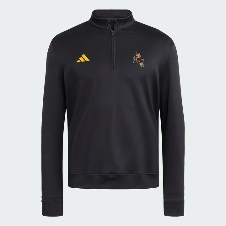 A black Adidas quarter-zip pullover sweatshirt with a yellow logo on the right chest and a small multicolor bird crest on the left chest, displayed on a light gray background.