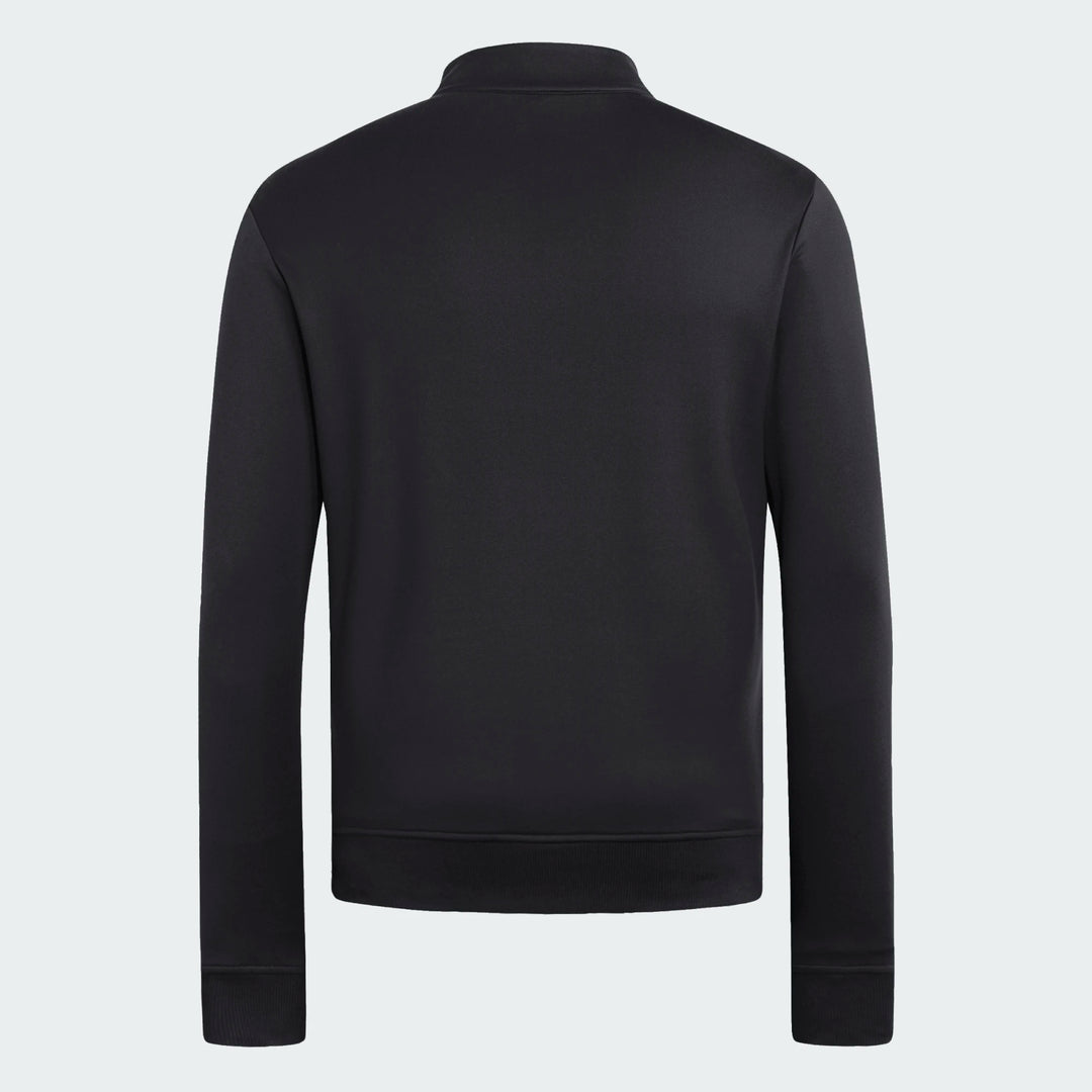A black long-sleeve quarter-zip pullover jacket shown from the back, featuring a mock neck collar and ribbed cuffs and hem, set against a light gray background.