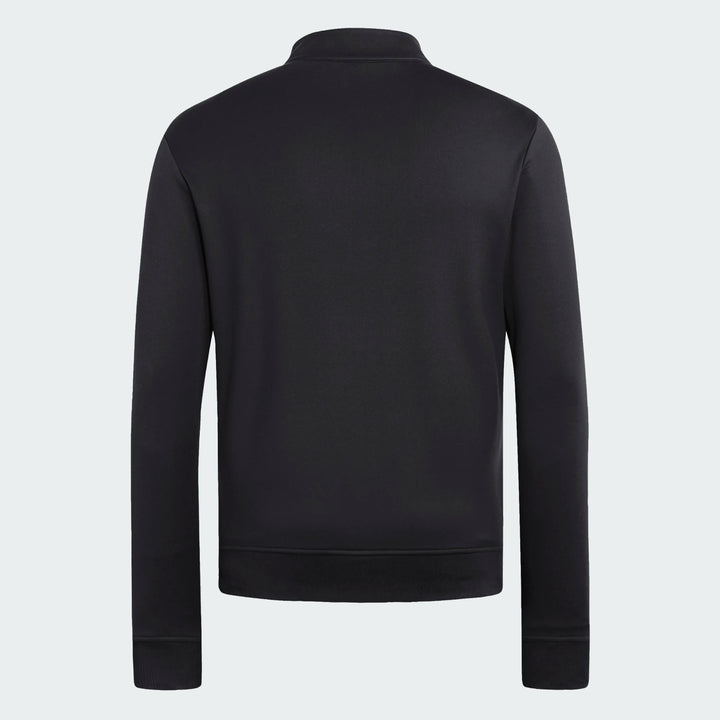 A black long-sleeve quarter-zip pullover jacket shown from the back, featuring a mock neck collar and ribbed cuffs and hem, set against a light gray background.