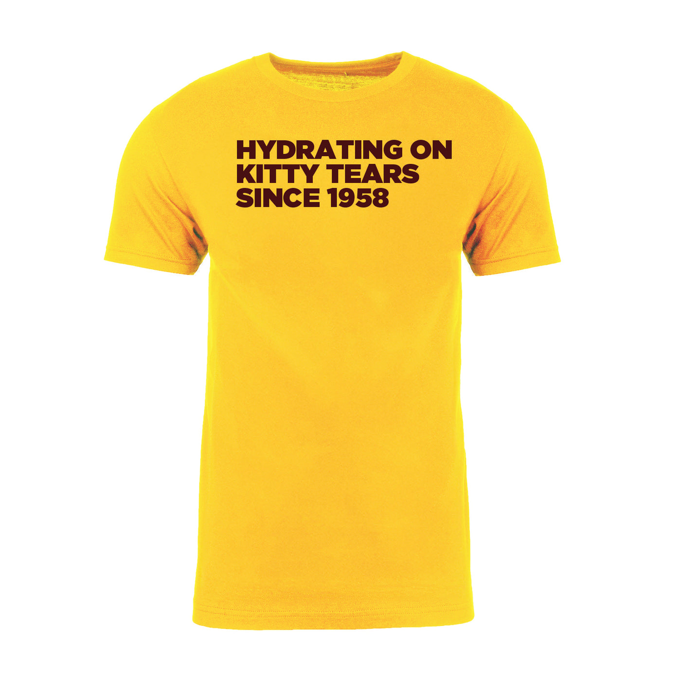 Gold t-shirt with black text on a white background