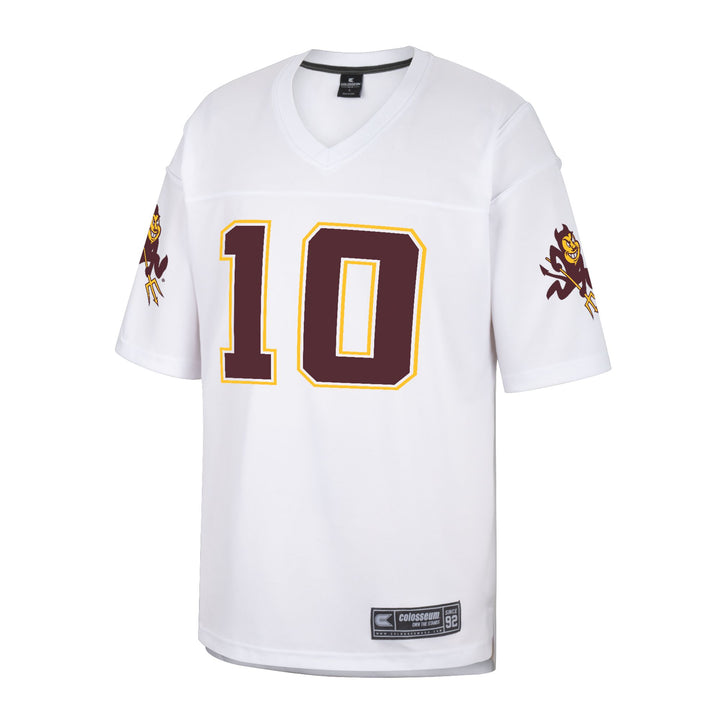 White jersey with maroon '10' outlined in gold and charging sparky on each sleeve.
