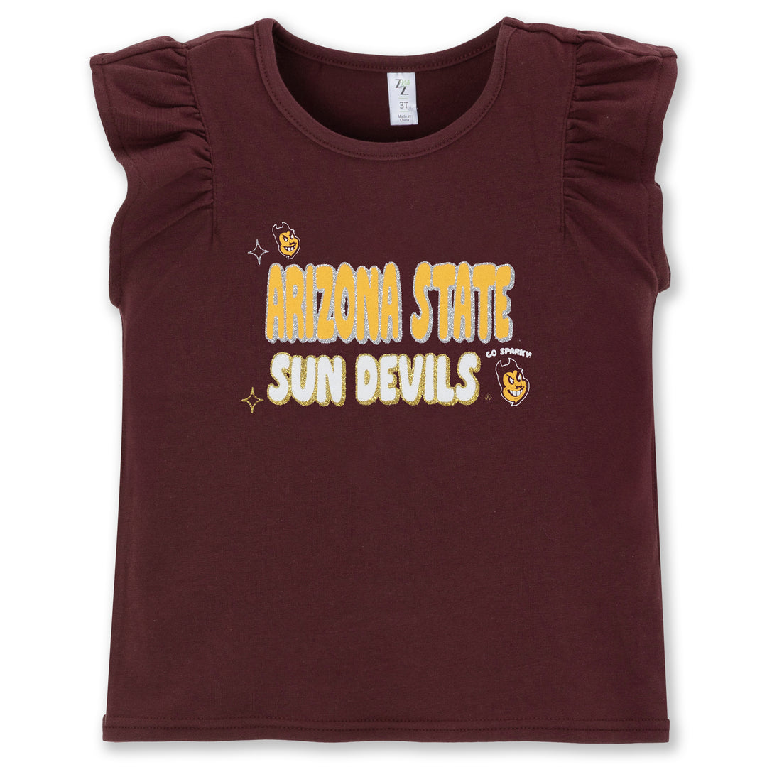 A girls' short-sleeve t-shirt in maroon with ruffled cap sleeves, featuring 'ARIZONA STATE SUN DEVILS' and the 'Sun Devils' mascot logo printed on the front.