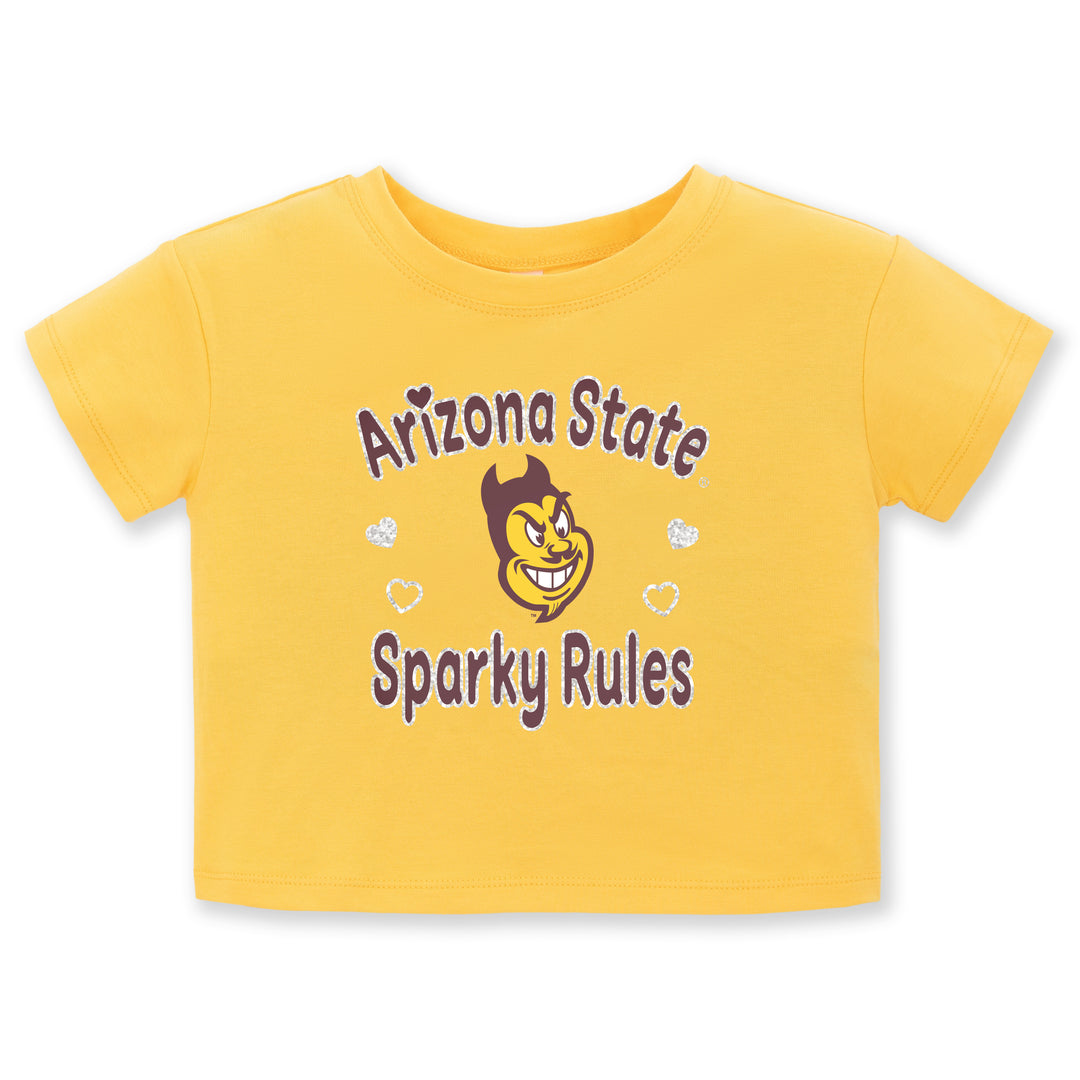A yellow short-sleeve baby t-shirt featuring the Arizona State Sun Devils logo and the text &