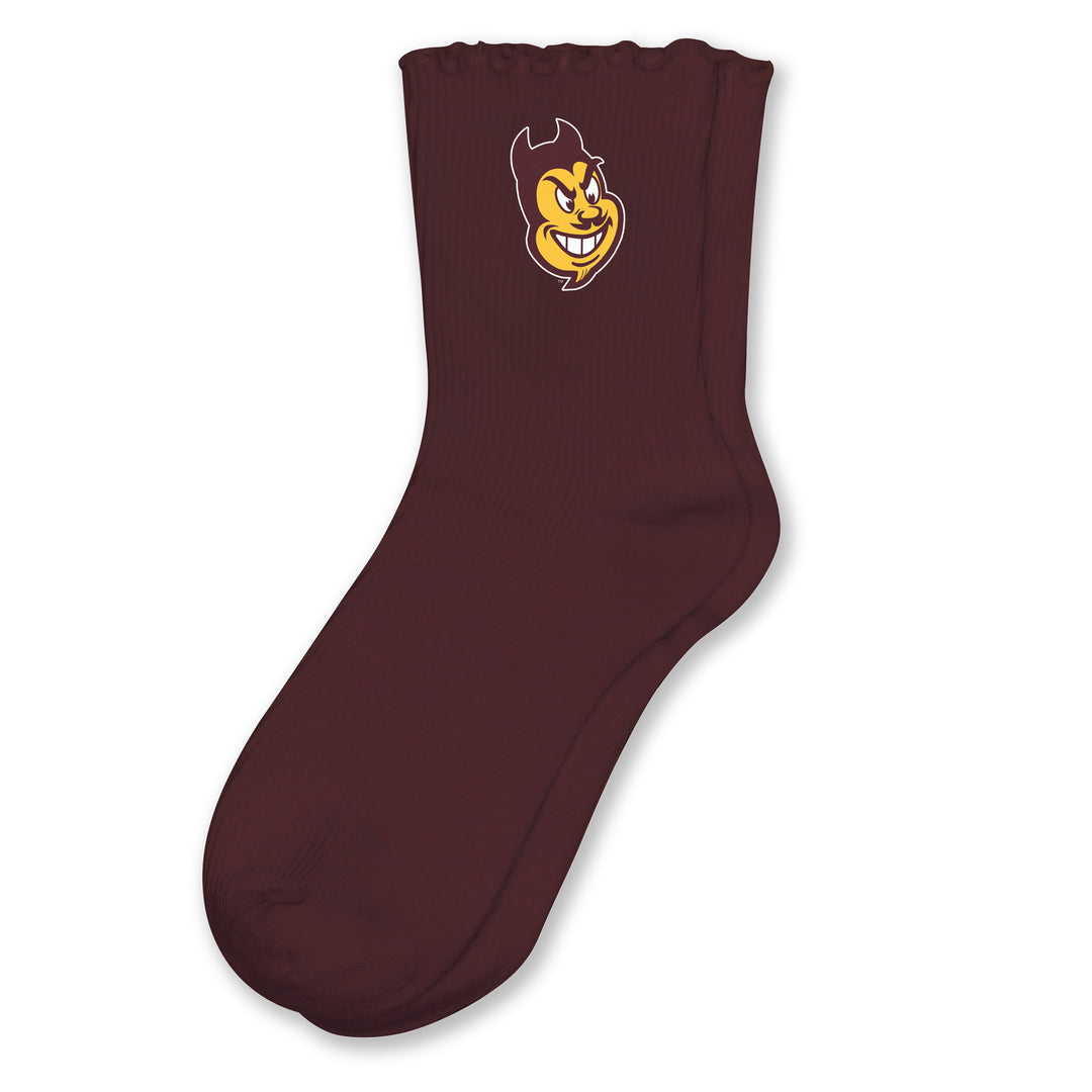 A single crew sock in dark maroon with a printed cartoon devil mascot logo on the cuff, shown against a plain white background.