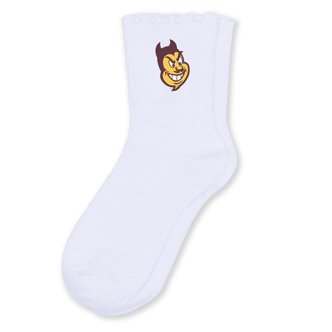 White toddler socks with maroon and gold Sparky face