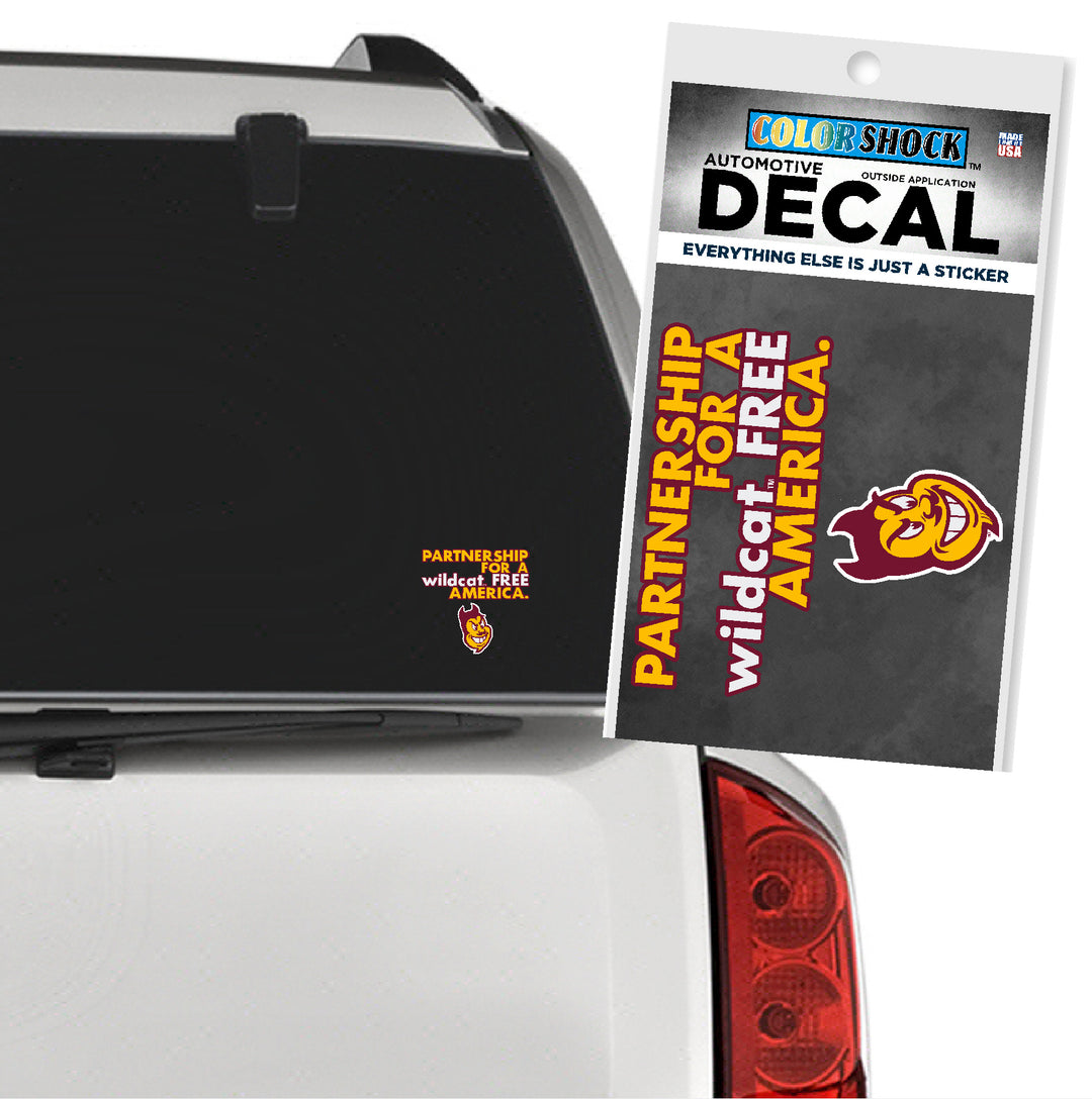 Car decal with 'Partnership for a Wildcat Free America' on a vehicle's rear window, next to a Color Shock decal packaging.