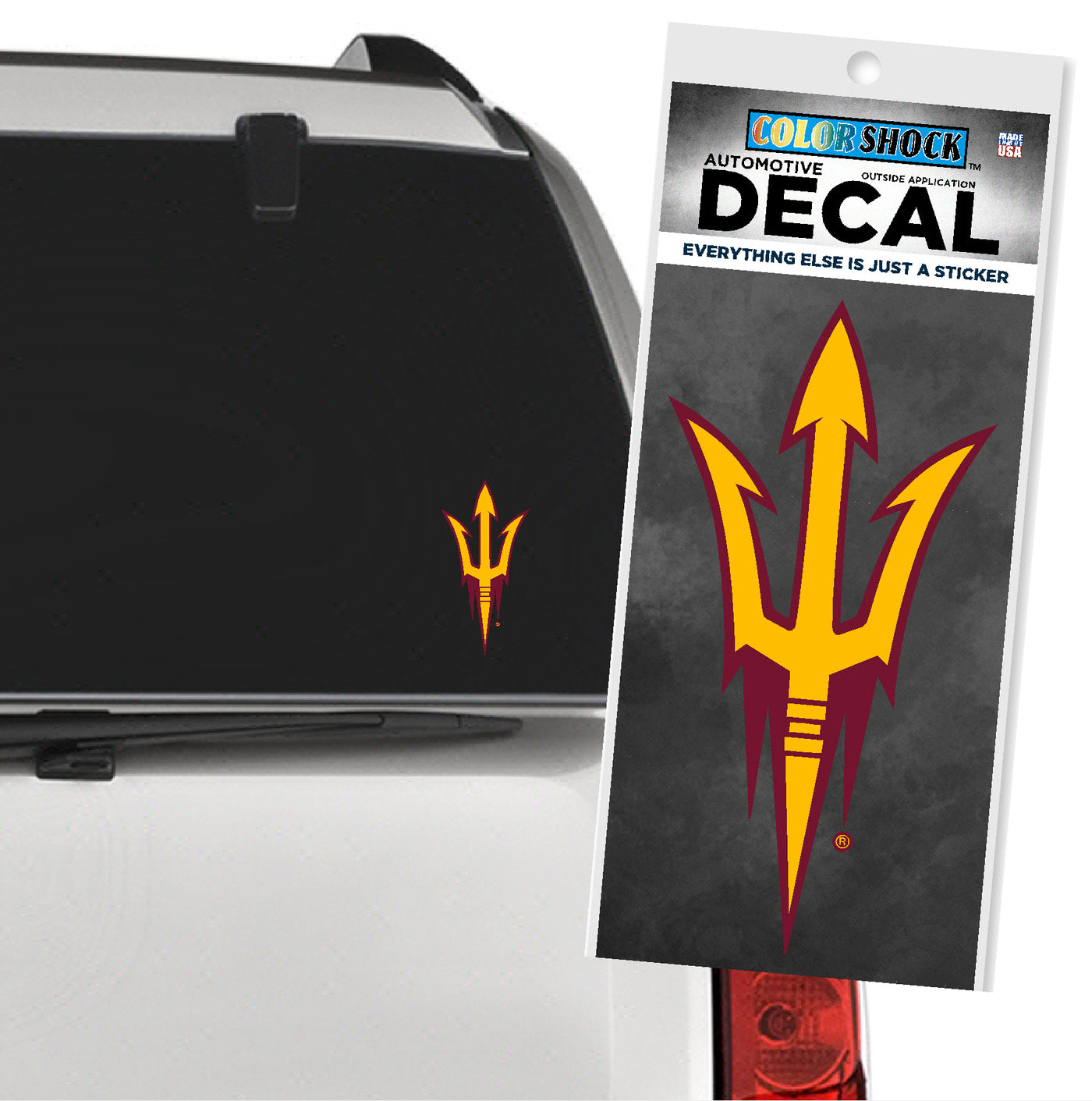 Car decal of a gold and maroon logo on a black car with Color Shock packaging.