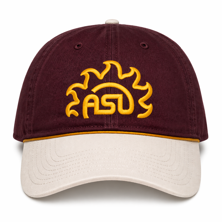 maroon hat with white bill. Sun Devil Marching Band retro ASU design on front. Also has a gold rope.