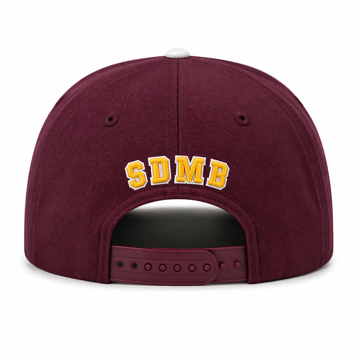 back of maroon snapback hat with "SDMB" in gold white a white outline