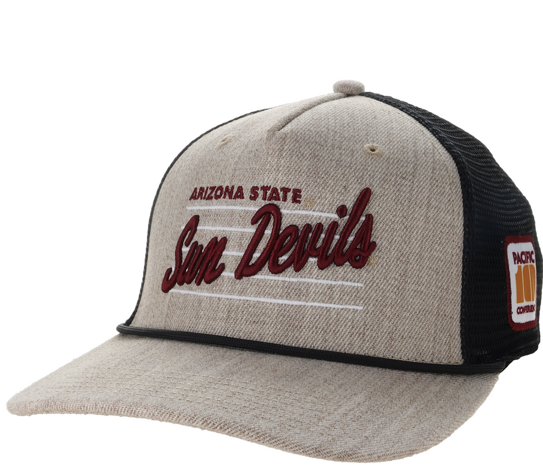Tan front and brim hat with maroon 'Arizona State Sun Devils' on the front and black back.