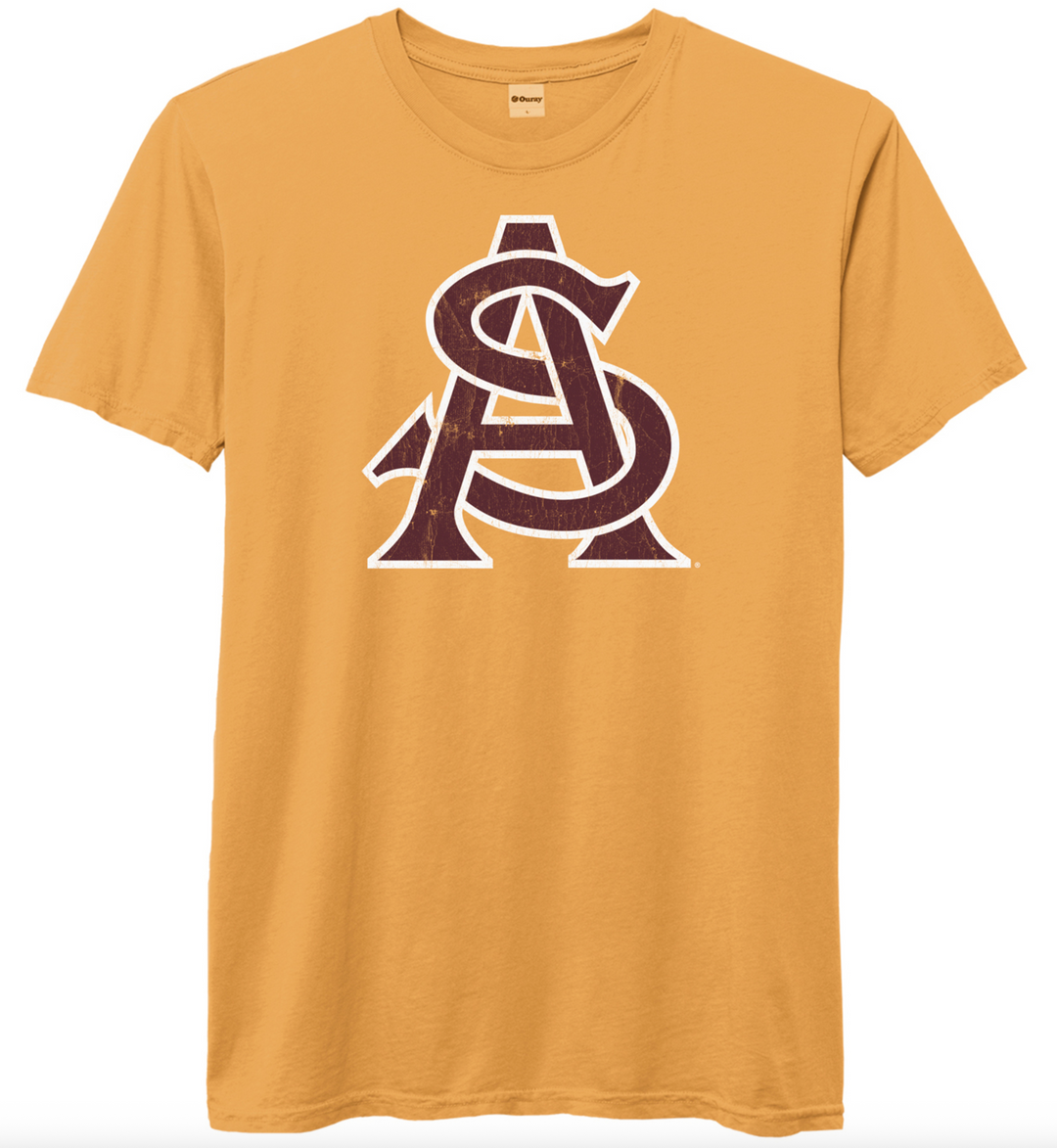 Gold tee with maroon interlocking A&S.