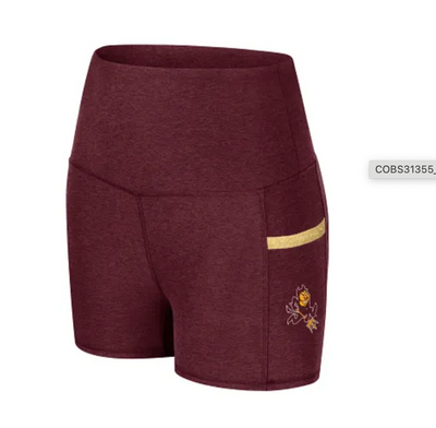 Maroon shorts with a gold stripe and logo on a white background