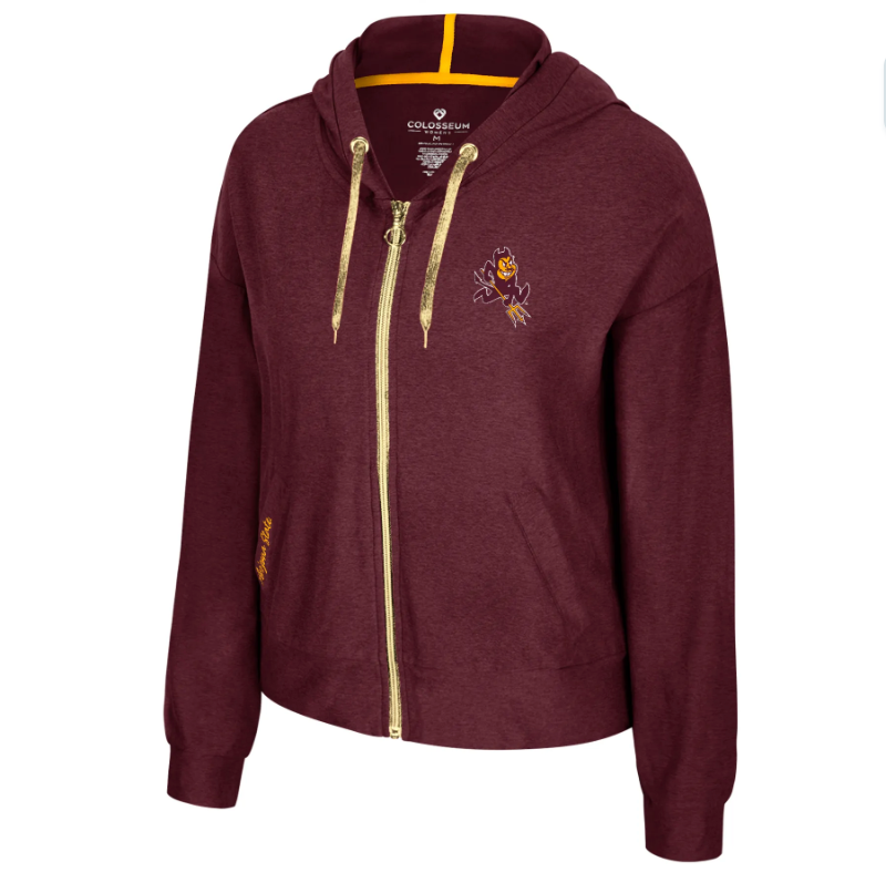 Maroon hoodie with gold zipper and logo on a white background