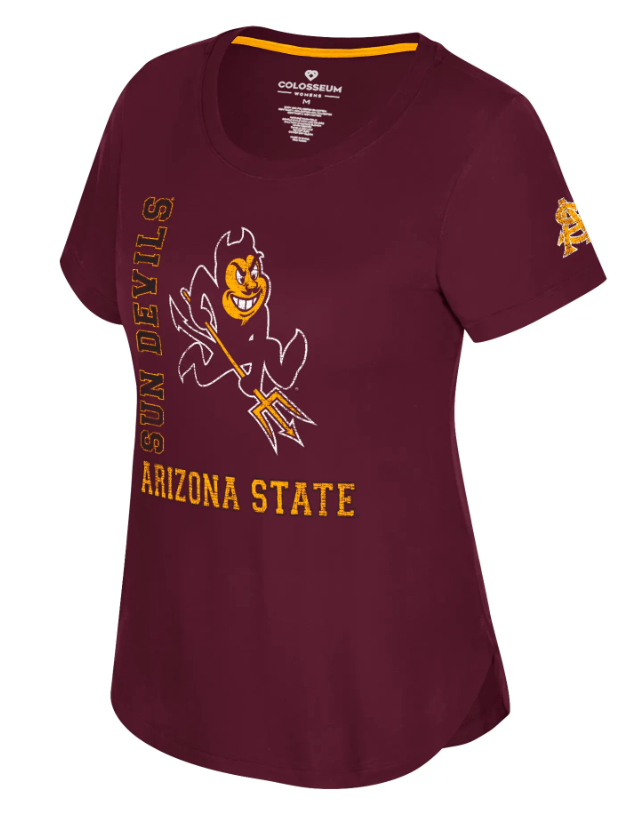Maroon t-shirt with Arizona State Sun Devils logo on a white background