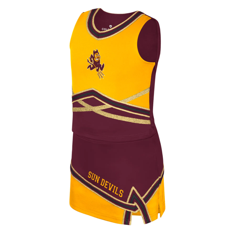Gold and maroon cheerleading outfit with 'Sun Devils' text on a white background