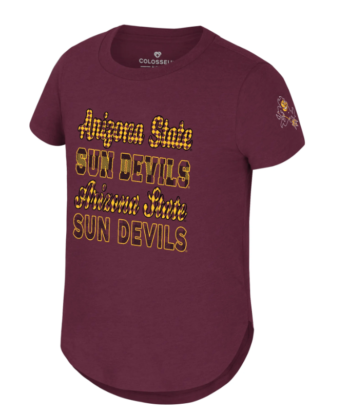 Maroon t-shirt with 'Arizona State Sun Devils' text and logo on a white background