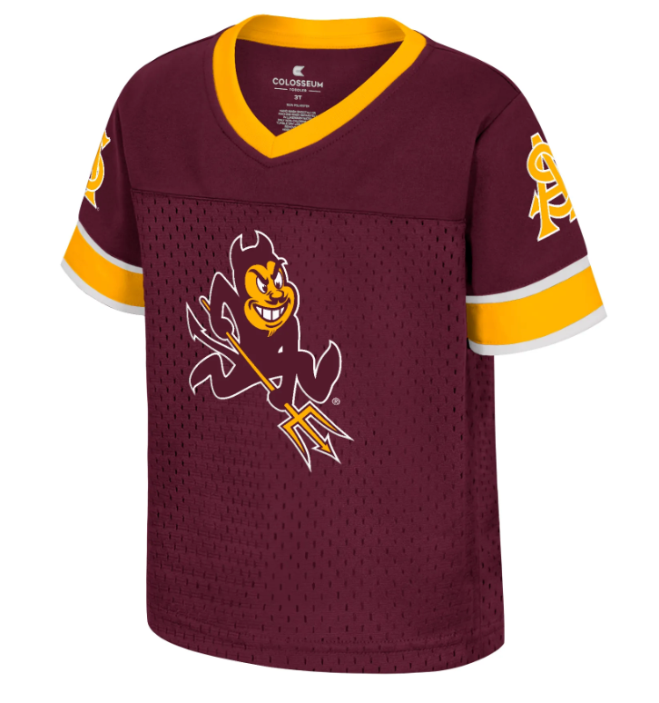 Maroon and gold sports jersey with a logo on a white background