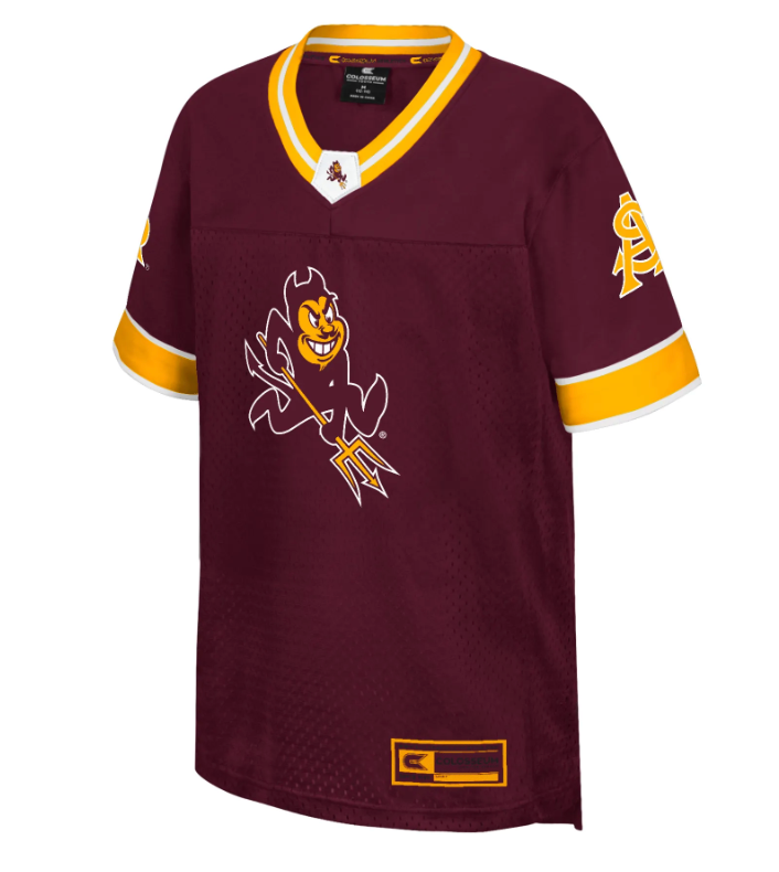 Maroon sports jersey with yellow accents and a logo on a white background