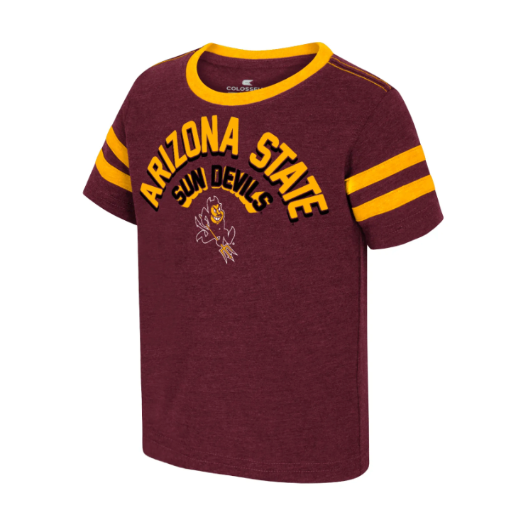 Maroon t-shirt with yellow accents featuring 'Arizona State Sun Devils' on a white background