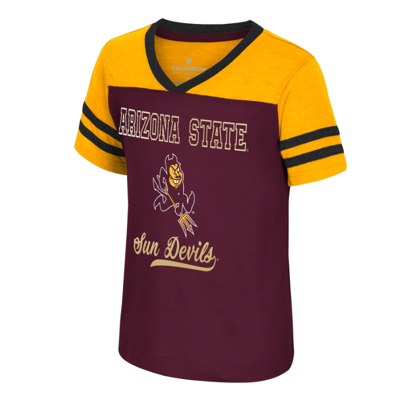 Maroon and gold t-shirt with Arizona State Sun Devils logo on a white background