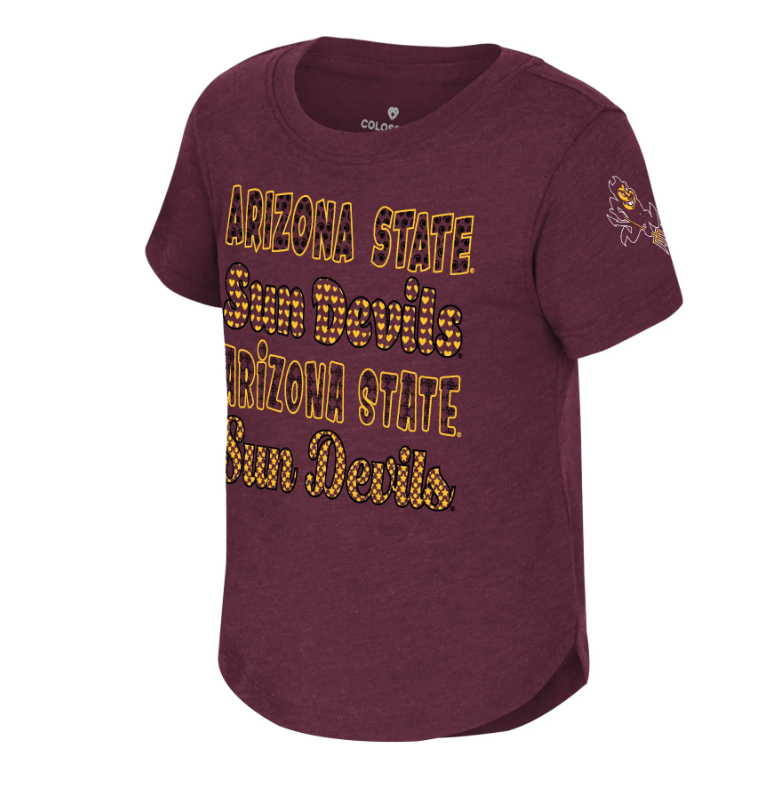 Maroon t-shirt with 'Arizona State Sun Devils' text and logo on a white background