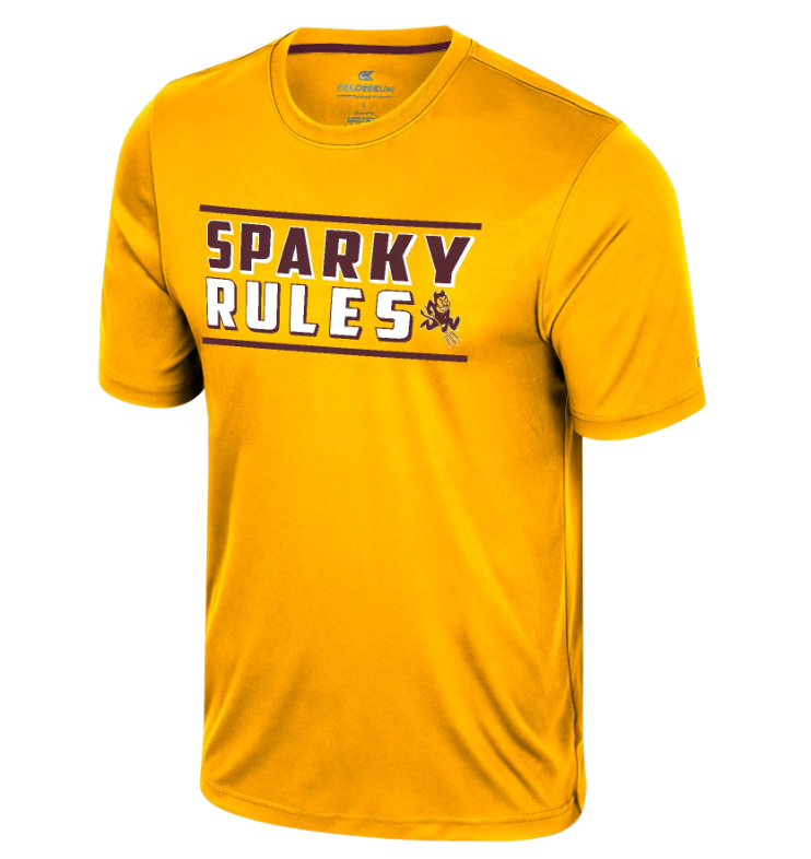 Yellow t-shirt with 'SPARKY RULES' text and logo on a white background