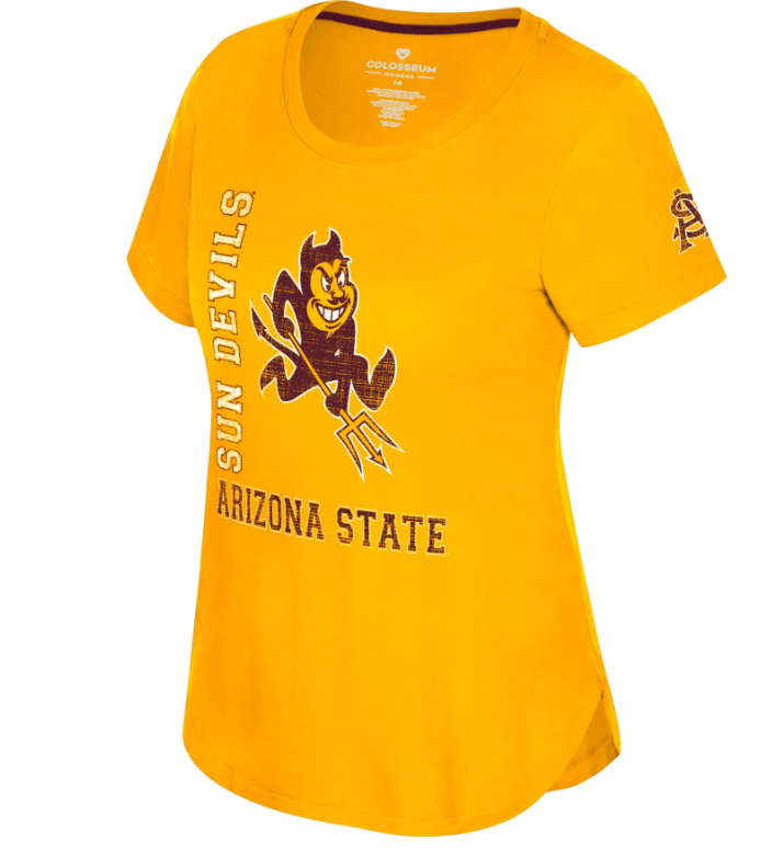 Yellow t-shirt with Arizona State Sun Devils logo on a white background