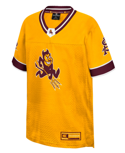Gold sports jersey with a logo on a white background