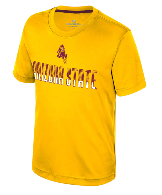 Yellow t-shirt with Arizona State logo and text on a white background