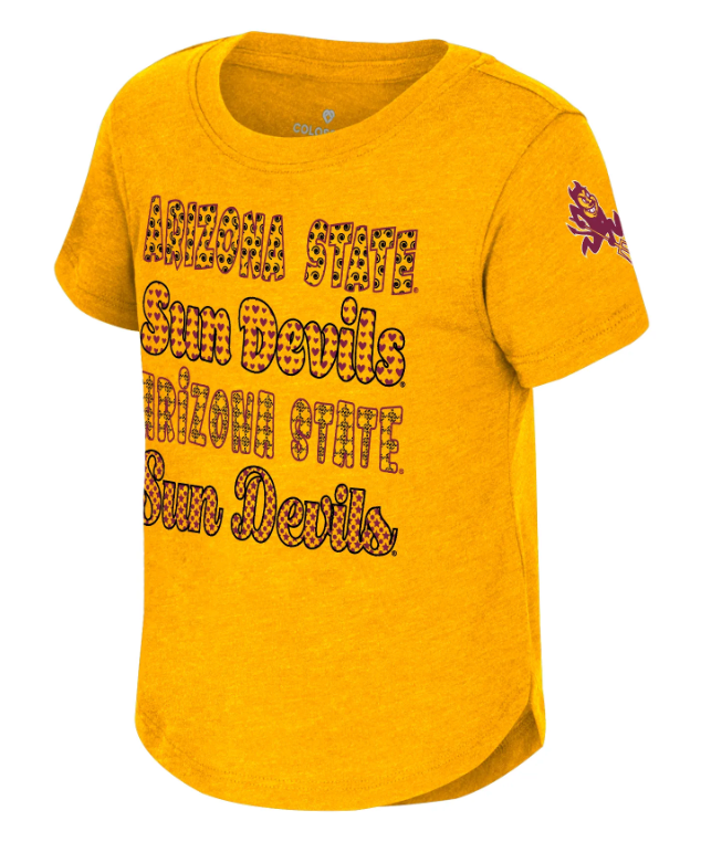 Gold tee with 'Arizona State Sun Devils' repeated in fun print with charging Sparky on sleeve.