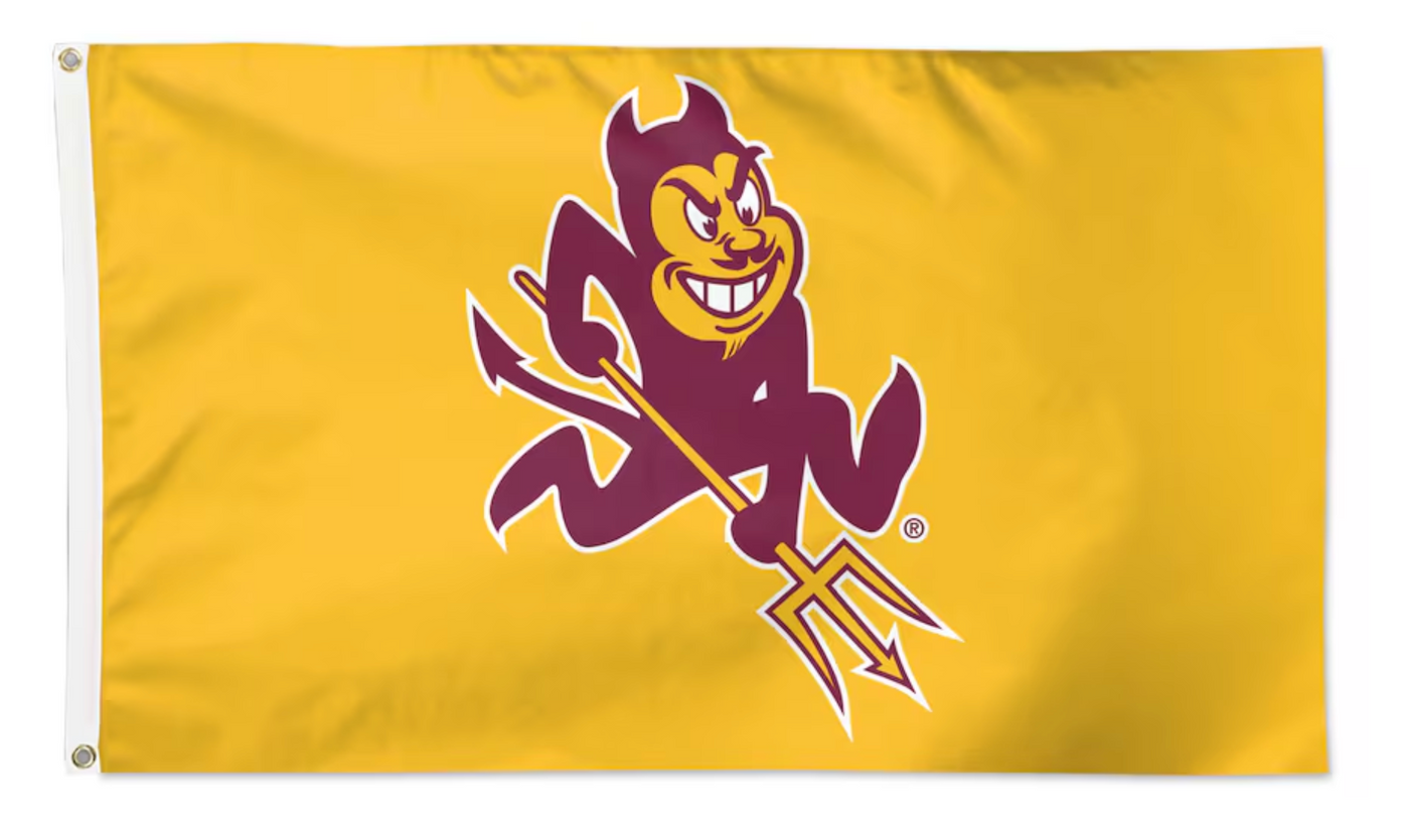 Flag with a maroon and gold logo featuring a mascot on a gold background