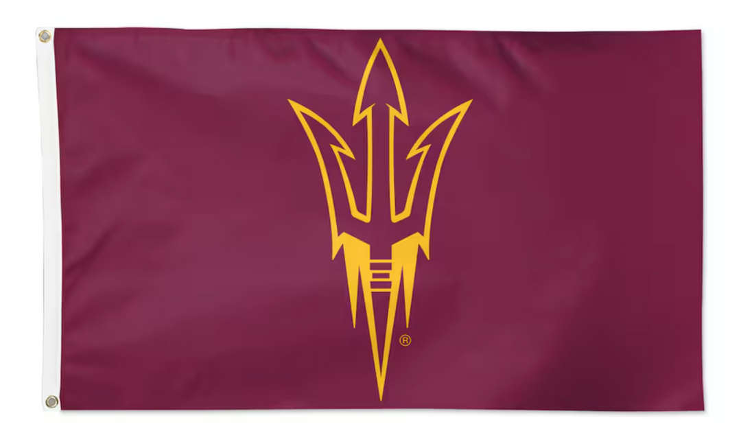 Maroon flag with gold logo on a white background