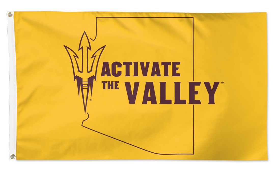 Flag with 'Activate the Valley' text and logo on a gold background