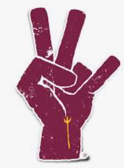 Maroon hand in the 'Forks Up' position with gold pitchfork on the palm.