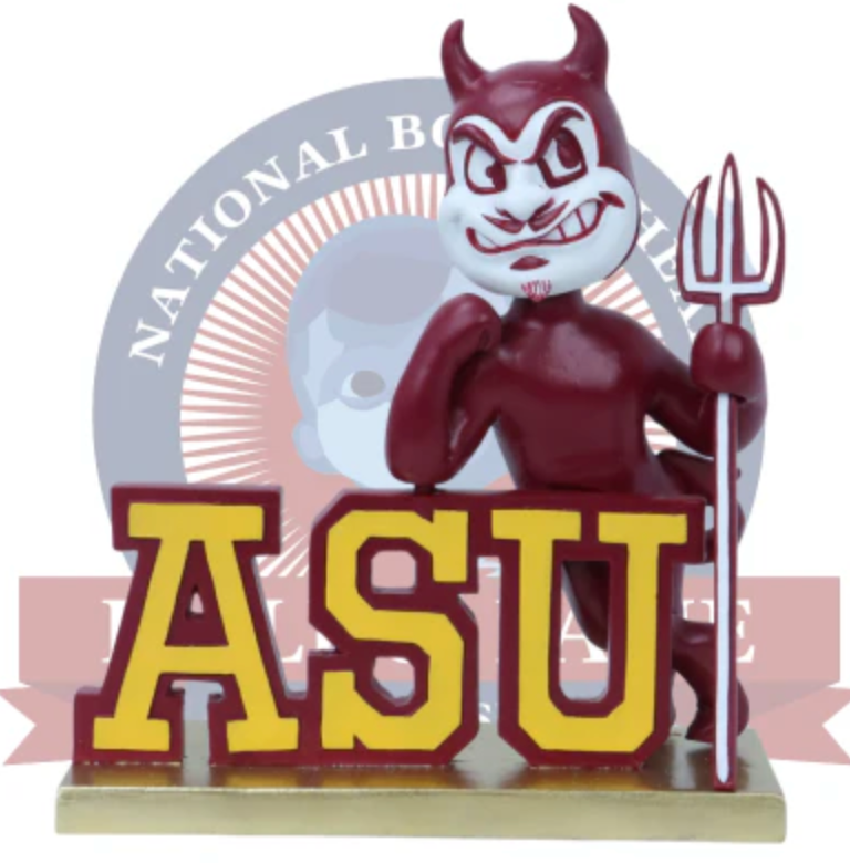 Maroon and gold mascot figurine with 'ASU' letters and a spear, standing in front of a National Bobblehead Hall of Fame logo.