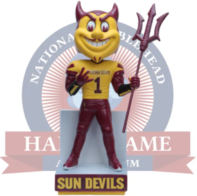 Bobblehead of Sparky the mascot hold a pitchfork and forks up hand sign with 'Sun Devils' on the base.