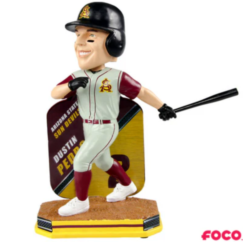 Bobblehead of ASU baseball player Pedroia in uniform holding baseball bat.