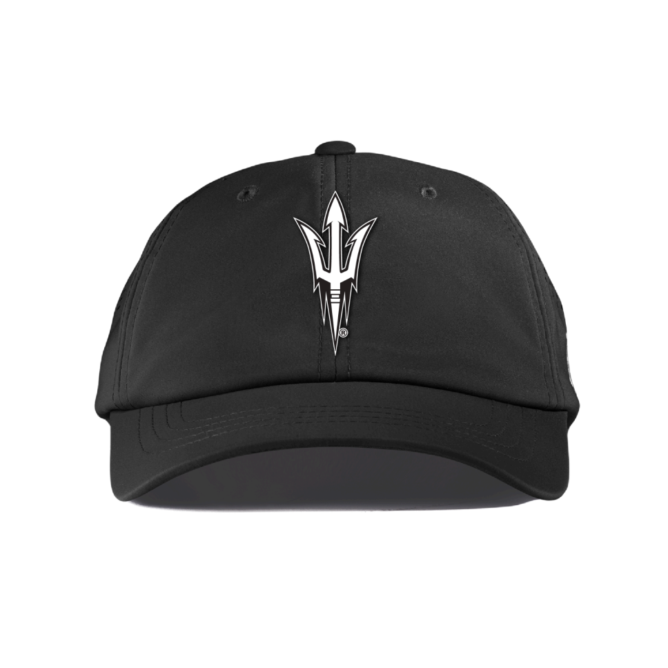 Black cap with a white logo on a white background