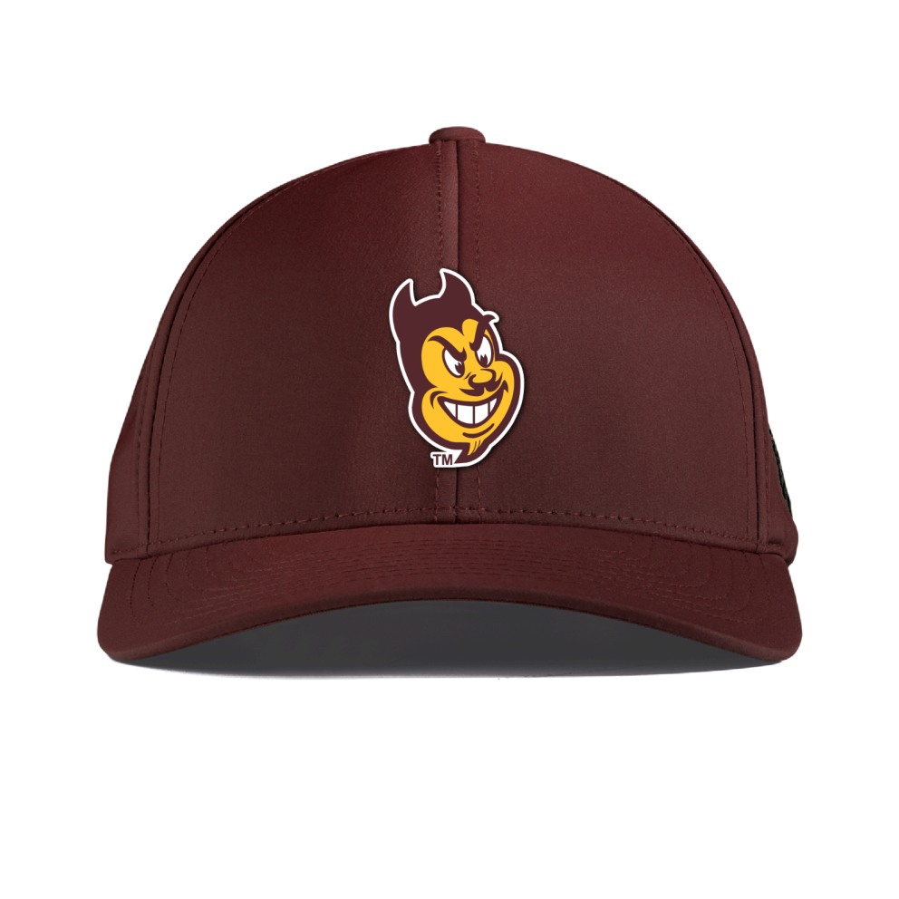 Maroon cap with a cartoon character logo on a white background