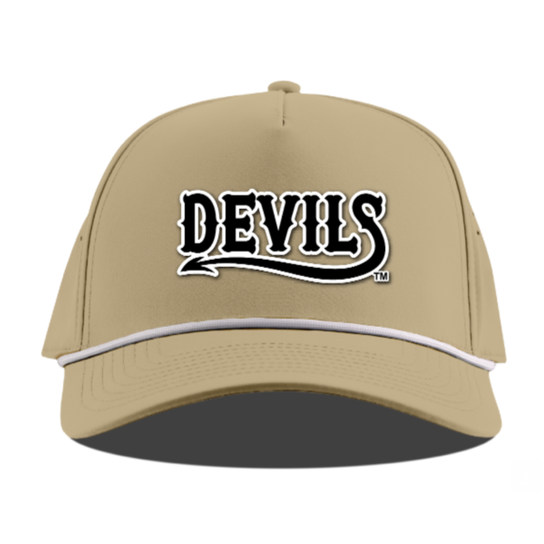 Beige cap with 'DEVILS' logo on a white background