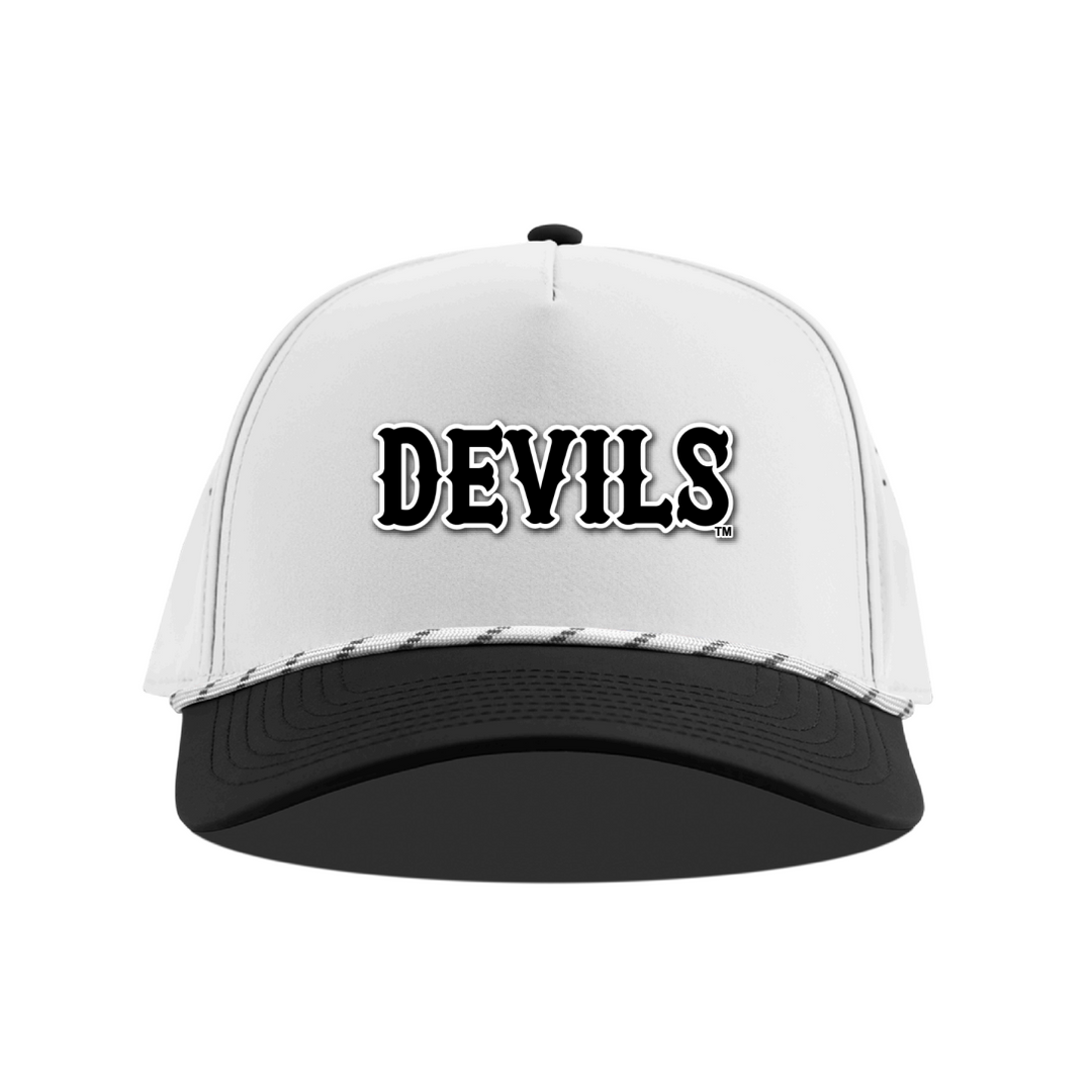 White and black cap with 'DEVILS' text on a white background