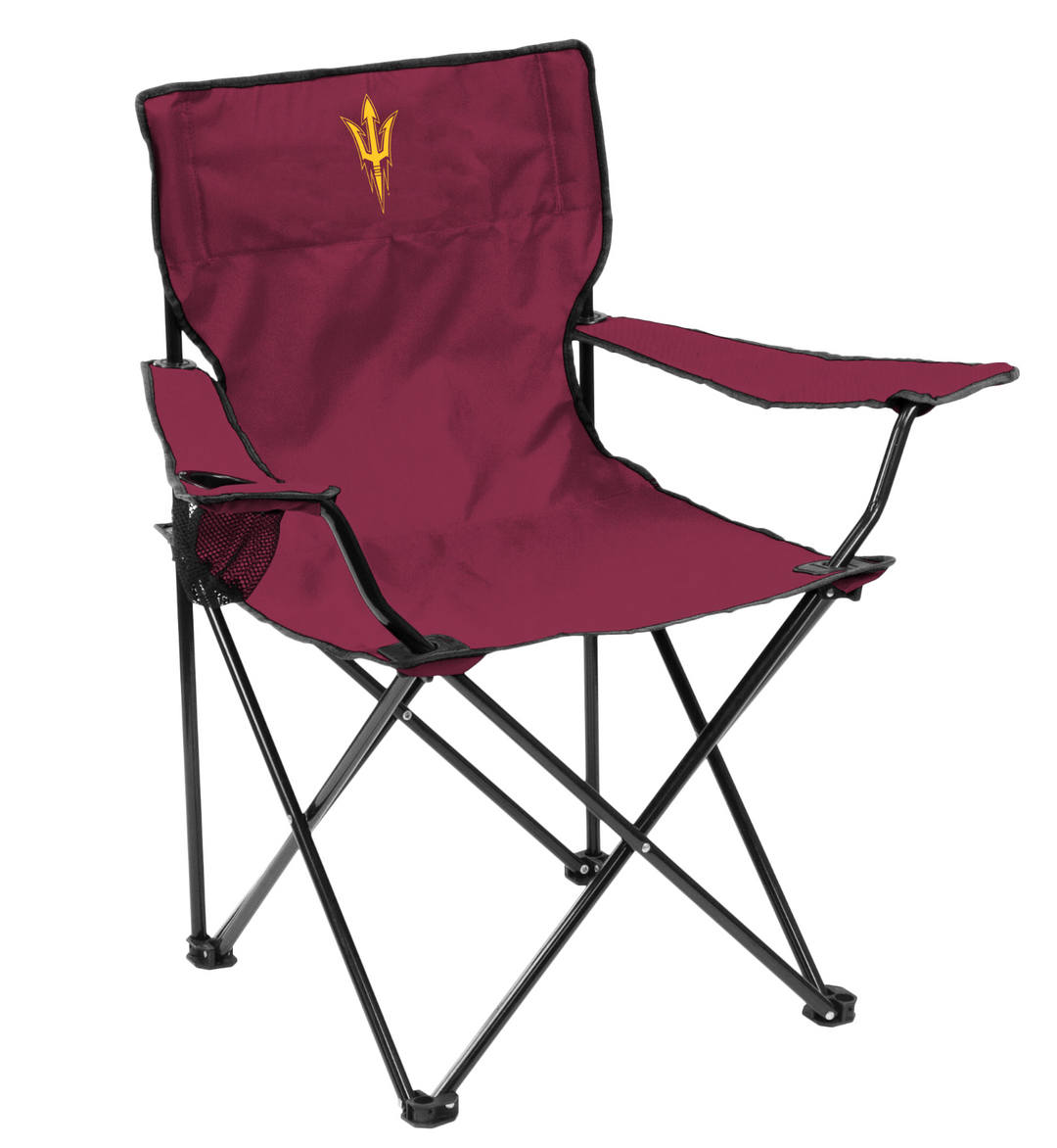 Maroon, folding canvas camping chair with pitchfork on the back